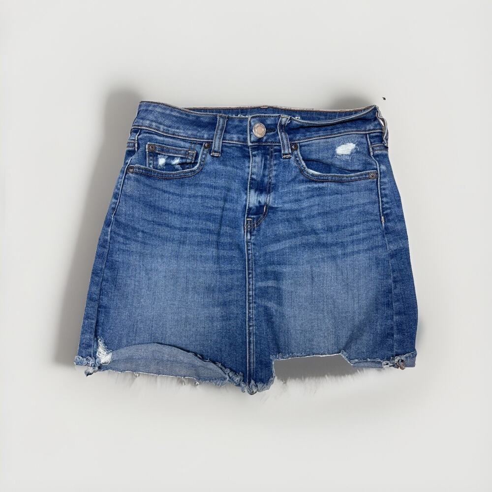 American Eagle Womens Denim Skirt 4 Super Stretch X Distressed Raw Hem Blue Mini